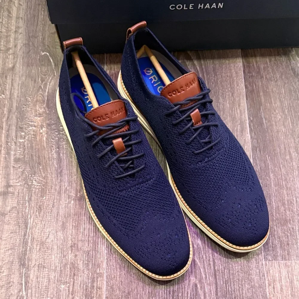 Cole Haan OG Grand Stitchlite Wing Ox 11M Navy Ivory Knit Oxford C27960